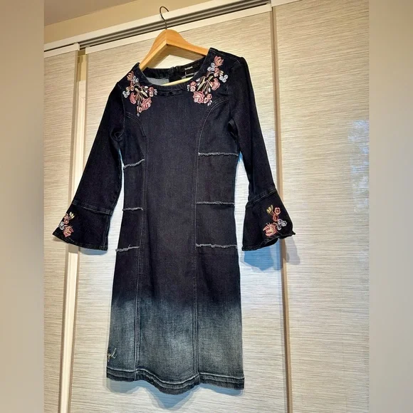 green emerald velvet dress Desigual - Danielle Floral Knit Dress in Midnight Blue